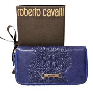 ROBERTO CAVALLI Croc Leather Zip Around Wallet Clutch